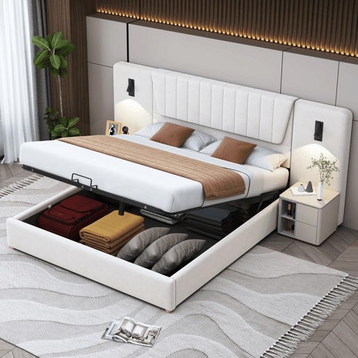 Cama estofada 180x200 cm - Com encosto extra longo, candeeiro de leitura regulável, porta USB, cama com arrumação hidráulica - Bege