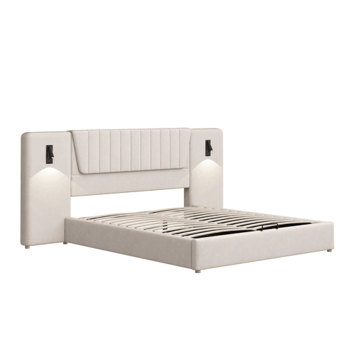Cama estofada 180x200 cm - Com encosto extra longo, candeeiro de leitura regulável, porta USB, cama com arrumação hidráulica - Bege
