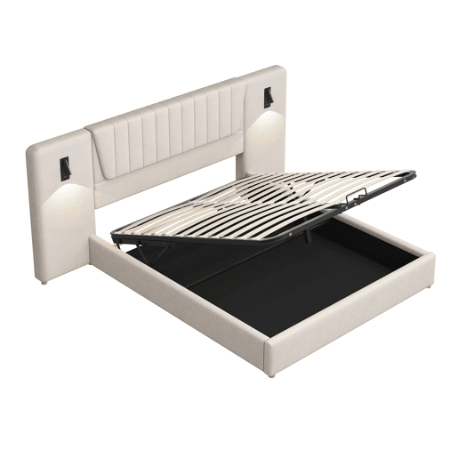 Cama estofada 180x200 cm - Com encosto extra longo, candeeiro de leitura regulável, porta USB, cama com arrumação hidráulica - Bege