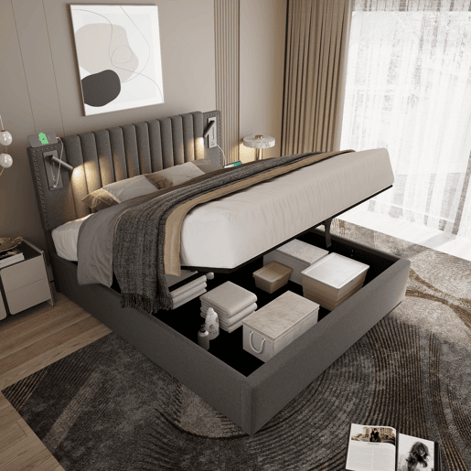 Cama estofada 160x200 cm - Com arrumação, cabeceira com luz LED USB, design com tachas, com estrado e colchão - Cinza