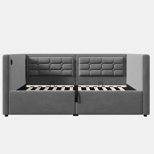 Sofá-cama 90x190 cm - Sofá-cama individual com armazenamento hidráulico e estação de carregamento USB e Type-C, estrado de ripas de madeira - Cinza