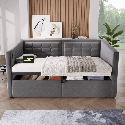 Sofá-cama 90x190 cm - Sofá-cama individual com armazenamento hidráulico e estação de carregamento USB e Type-C, estrado de ripas de madeira - Cinza