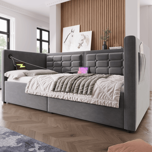 Sofá-cama 90x190 cm - Sofá-cama individual com armazenamento hidráulico e estação de carregamento USB e Type-C, estrado de ripas de madeira - Cinza