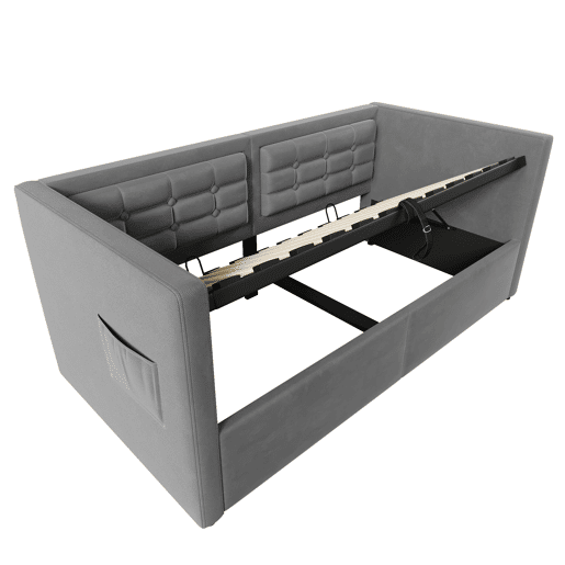 Sofá-cama 90x190 cm - Sofá-cama individual com armazenamento hidráulico e estação de carregamento USB e Type-C, estrado de ripas de madeira - Cinza