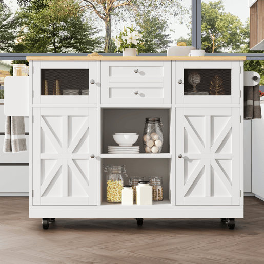 Ilha de cozinha - com superfície de trabalho, armário buffet, portas tridimensionais, com prateleiras ajustáveis, branco