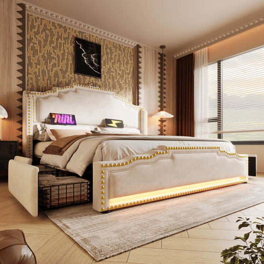 Cama de casal estofada 160x200 cm - com 4 gavetas, iluminação LED, porta de carregamento USB-C e estrado - veludo bege - com colchão