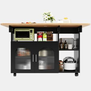 Ilha de cozinha - Moderna, com móveis de cozinha e carrinho extraível - Preto+Natural