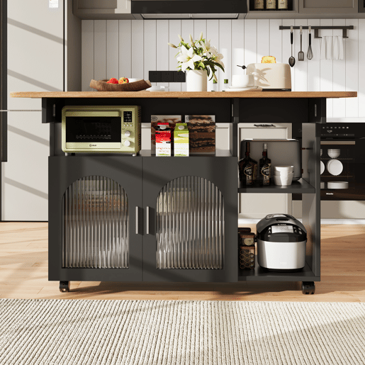 Ilha de cozinha - Moderna, com móveis de cozinha e carrinho extraível - Preto+Natural