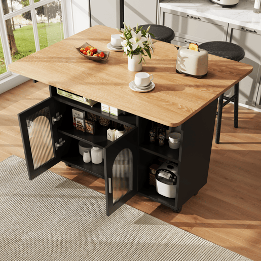 Ilha de cozinha - Moderna, com móveis de cozinha e carrinho extraível - Preto+Natural