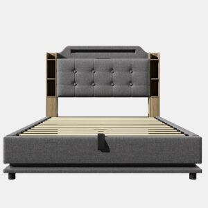 Cama estofada 140*200 cm - Com faixa LED, armazenamento hidráulico, vários compartimentos, sem colchão, USB + TYPE-C, linho - Cinza