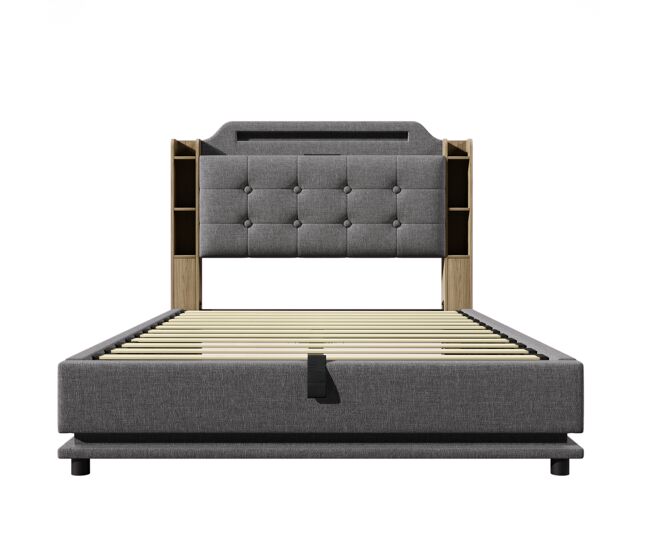 Cama tapizada 140*200 cm - con tira led, almacenamiento hidráulico, varios compartimentos, sin colchón, usb + type-c, lino - gris