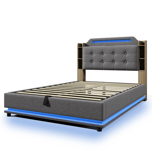 Cama estofada 140*200 cm - Com faixa LED, armazenamento hidráulico, vários compartimentos, sem colchão, USB + TYPE-C, linho - Cinza