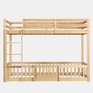 Beliche 90x200 - Escada em ângulo reto, corrimão e porta, proteção contra quedas, espaço livre por baixo - Natural