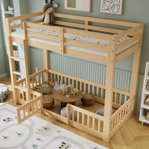 Beliche 90x200 - Escada em ângulo reto, corrimão e porta, proteção contra quedas, espaço livre por baixo - Natural