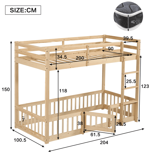 Beliche 90x200 - Escada em ângulo reto, corrimão e porta, proteção contra quedas, espaço livre por baixo - Natural