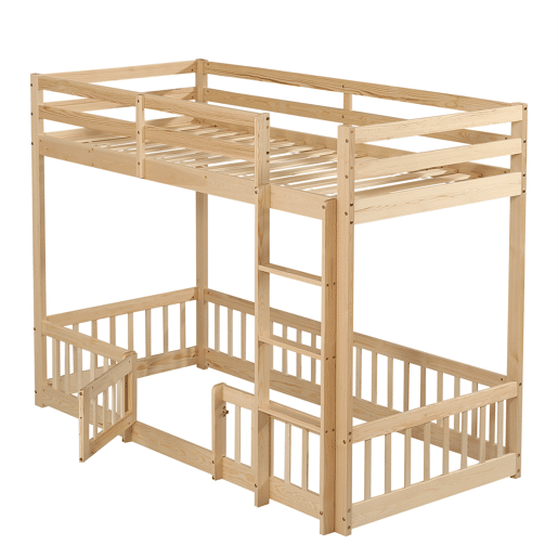 Beliche 90x200 - Escada em ângulo reto, corrimão e porta, proteção contra quedas, espaço livre por baixo - Natural