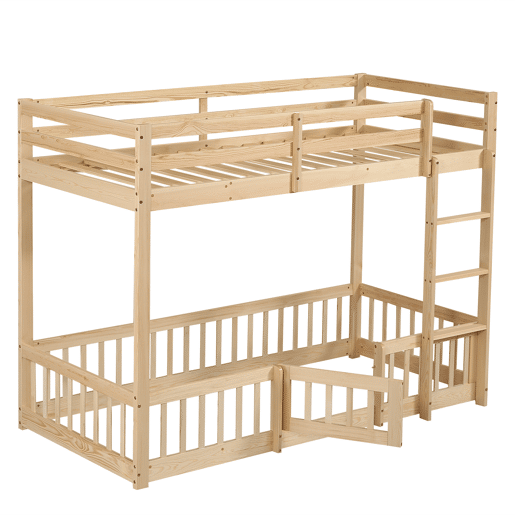 Beliche 90x200 - Escada em ângulo reto, corrimão e porta, proteção contra quedas, espaço livre por baixo - Natural
