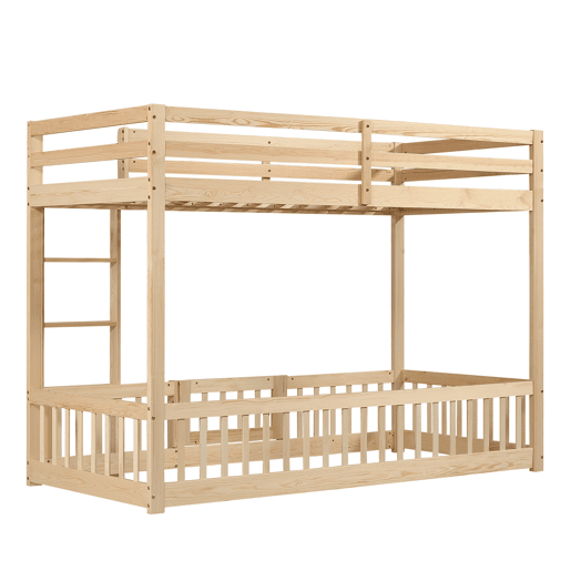 Beliche 90x200 - Escada em ângulo reto, corrimão e porta, proteção contra quedas, espaço livre por baixo - Natural