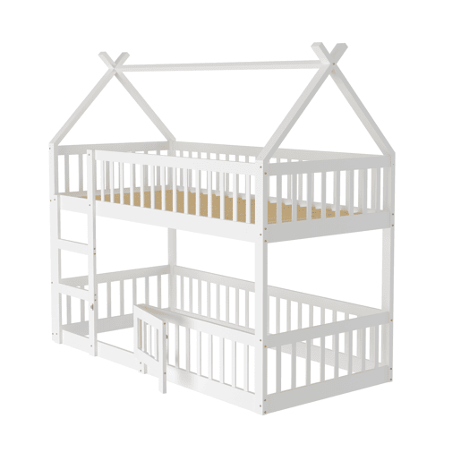 Beliche infantil 90x200 - Beliche com escada, design loft, estrutura em madeira maciça - Branco Beliche infantil 90x200 - Beliche com escada, design loft, estrutura em madeira maciça - Branco