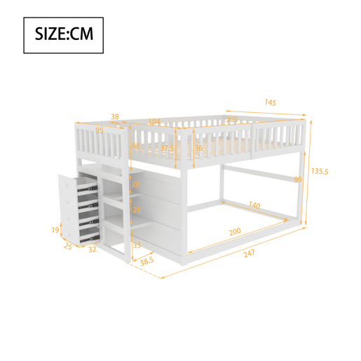 Cama beliche baixa 140x200 cm - Cama de segurança com arrumação, design com grades altas - Branco