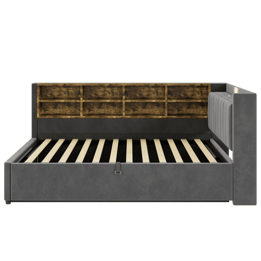 Sofá-cama 140 x 200 cm - Com armazenamento hidráulico, luz noturna, portas USB e Tipo C, com prateleiras e compartimentos, cabeceira acolchoada, multifuncional, veludo - Cinza escuro Sofá-cama 140 x 200 cm - Com armazenamento hidráulico, luz noturna, portas USB e Tipo C, com prateleiras e compartimentos, cabeceira acolchoada, multifuncional, veludo - Cinza escuro