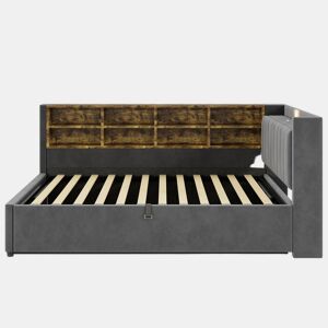 Sofá-cama 140 x 200 cm - Com armazenamento hidráulico, luz noturna, portas USB e Tipo C, com prateleiras e compartimentos, cabeceira acolchoada, multifuncional, veludo - Cinza escuro