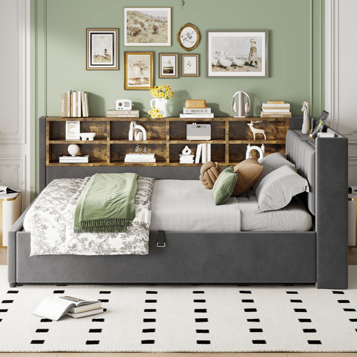 Sofá-cama 140 x 200 cm - Com armazenamento hidráulico, luz noturna, portas USB e Tipo C, com prateleiras e compartimentos, cabeceira acolchoada, multifuncional, veludo - Cinza escuro Sofá-cama 140 x 200 cm - Com armazenamento hidráulico, luz noturna, portas USB e Tipo C, com prateleiras e compartimentos, cabeceira acolchoada, multifuncional, veludo - Cinza escuro