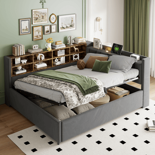 Sofá-cama 140 x 200 cm - Com armazenamento hidráulico, luz noturna, portas USB e Tipo C, com prateleiras e compartimentos, cabeceira acolchoada, multifuncional, veludo - Cinza escuro Sofá-cama 140 x 200 cm - Com armazenamento hidráulico, luz noturna, portas USB e Tipo C, com prateleiras e compartimentos, cabeceira acolchoada, multifuncional, veludo - Cinza escuro