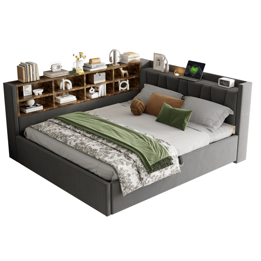 Sofá-cama 140 x 200 cm - Com armazenamento hidráulico, luz noturna, portas USB e Tipo C, com prateleiras e compartimentos, cabeceira acolchoada, multifuncional, veludo - Cinza escuro Sofá-cama 140 x 200 cm - Com armazenamento hidráulico, luz noturna, portas USB e Tipo C, com prateleiras e compartimentos, cabeceira acolchoada, multifuncional, veludo - Cinza escuro