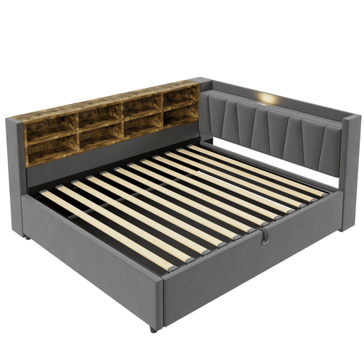 Sofá-cama 140 x 200 cm - Com armazenamento hidráulico, luz noturna, portas USB e Tipo C, com prateleiras e compartimentos, cabeceira acolchoada, multifuncional, veludo - Cinza escuro Sofá-cama 140 x 200 cm - Com armazenamento hidráulico, luz noturna, portas USB e Tipo C, com prateleiras e compartimentos, cabeceira acolchoada, multifuncional, veludo - Cinza escuro