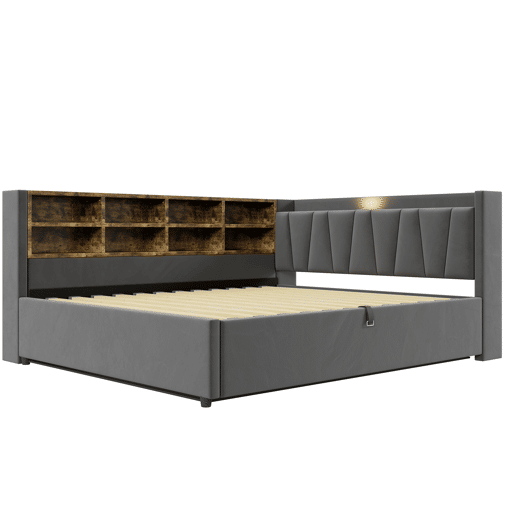 Sofá-cama 140 x 200 cm - Com armazenamento hidráulico, luz noturna, portas USB e Tipo C, com prateleiras e compartimentos, cabeceira acolchoada, multifuncional, veludo - Cinza escuro Sofá-cama 140 x 200 cm - Com armazenamento hidráulico, luz noturna, portas USB e Tipo C, com prateleiras e compartimentos, cabeceira acolchoada, multifuncional, veludo - Cinza escuro