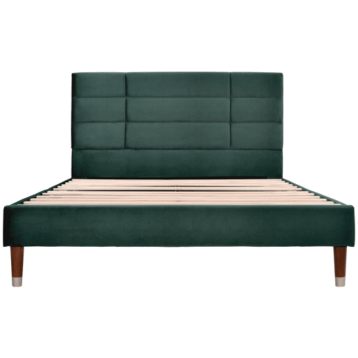 Cama de casal estofada 140x200 cm - com estrado e cabeceira acolchoada - veludo verde escuro - com colchão de molas ensacadas