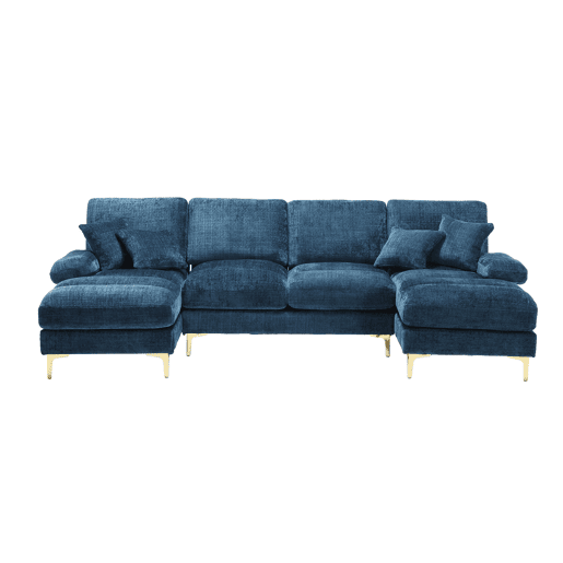 Sofá seccional grande em U - Chenille com assentos reclináveis duplos - Azul