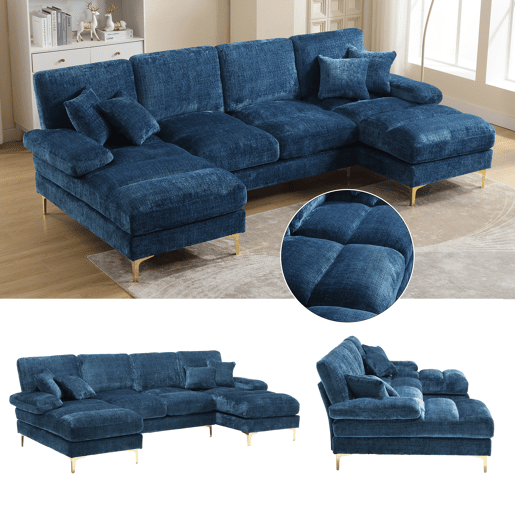 Sofá seccional grande em U - Chenille com assentos reclináveis duplos - Azul