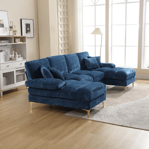Sofá seccional grande em U - Chenille com assentos reclináveis duplos - Azul