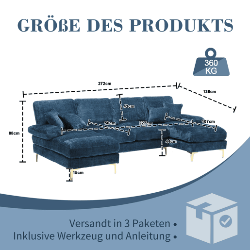 Sofá seccional grande em U - Chenille com assentos reclináveis duplos - Azul