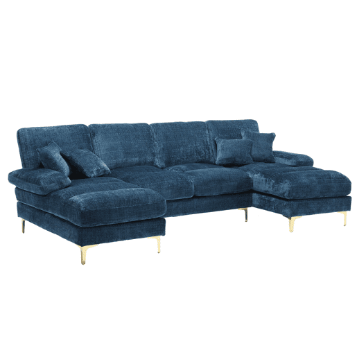 Sofá seccional grande em U - Chenille com assentos reclináveis duplos - Azul