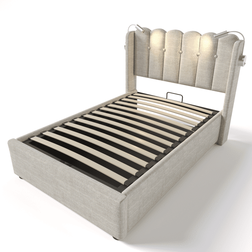 Cama estofada 90x200 - com luz de leitura, função de carregamento, cabeceira e arrumação - Natural