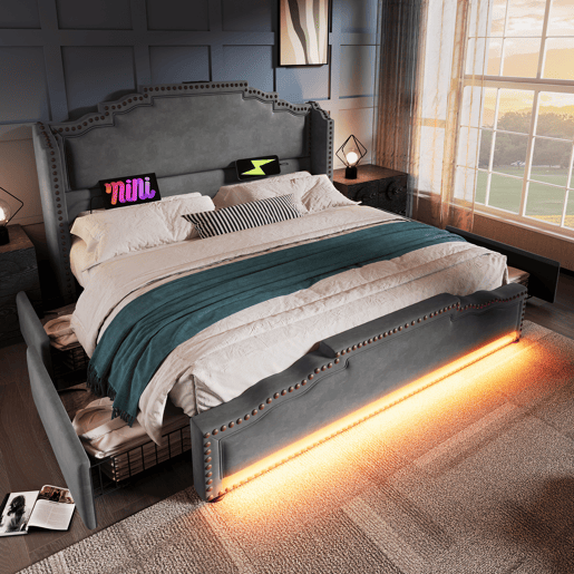 Cama de casal estofada 140x200 cm - com 4 gavetas, iluminação LED, porta de carregamento USB-C e estrado - veludo cinzento - sem colchão