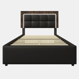Cama estofada 90x200 - Com iluminação LED e 4 gavetas, cabeceira ajustável, cama funcional - PU Preto