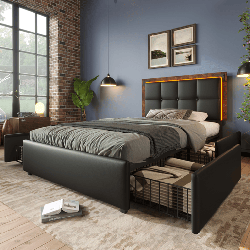 Cama estofada 90x200 - Com iluminação LED e 4 gavetas, cabeceira ajustável, cama funcional - PU Preto