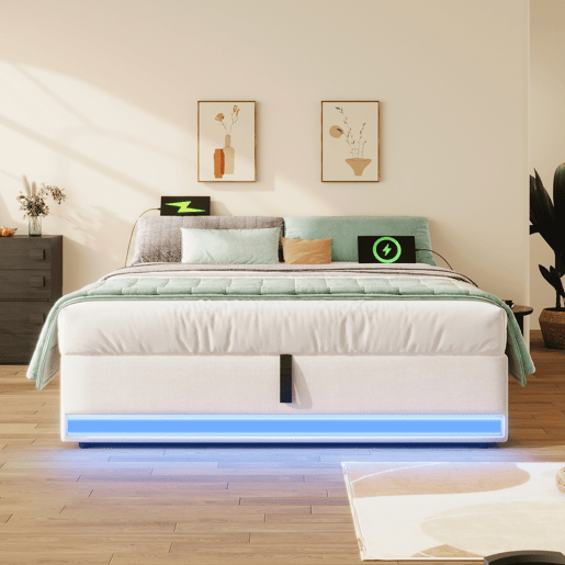 Cama estofada 140*200 cm - LED com comando à distância, USB e Type-C, armazenamento hidráulico - Bege