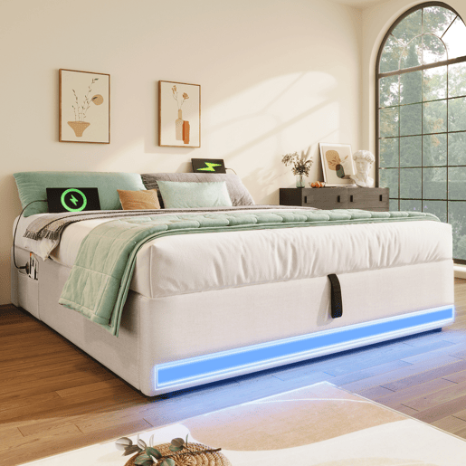 Cama estofada 140*200 cm - LED com comando à distância, USB e Type-C, armazenamento hidráulico - Bege
