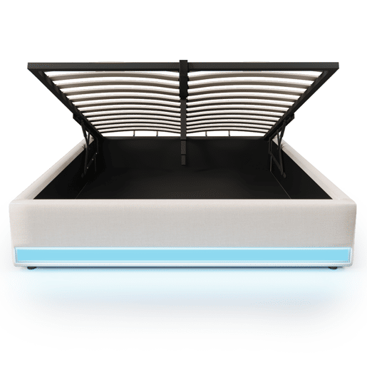 Cama estofada 140*200 cm - LED com comando à distância, USB e Type-C, armazenamento hidráulico - Bege