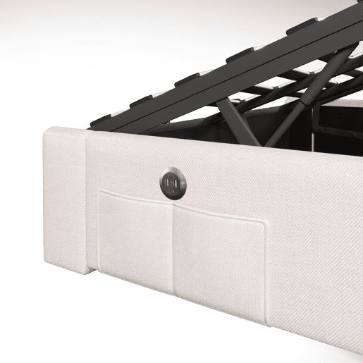 Cama estofada 140*200 cm - LED com comando à distância, USB e Type-C, armazenamento hidráulico - Bege