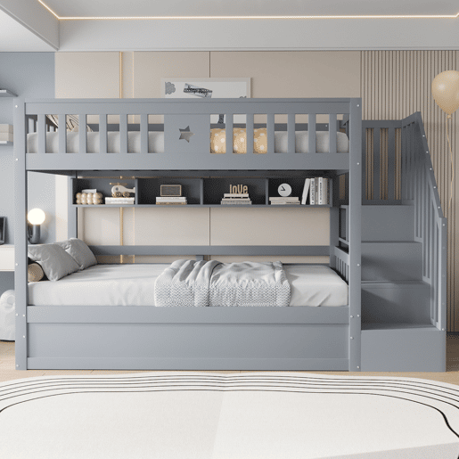Cama alta 90x200 cm - Cama juvenil, com escada de arrumação e prateleiras - Cinza