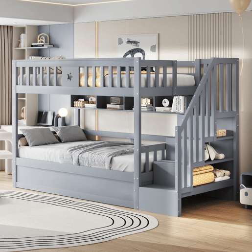 Cama alta 90x200 cm - Cama juvenil, com escada de arrumação e prateleiras - Cinza