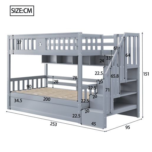 Cama alta 90x200 cm - Cama juvenil, com escada de arrumação e prateleiras - Cinza