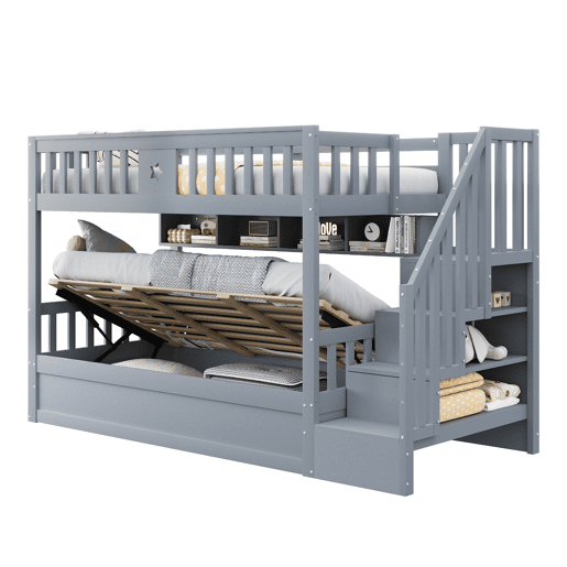 Cama alta 90x200 cm - Cama juvenil, com escada de arrumação e prateleiras - Cinza