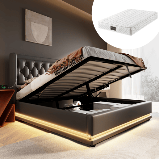 Cama estofada 140*200 cm - Material PU, cama com arrumação hidráulica, cabeceira acolchoada com carregador USB Tipo-C, função LED em 3 lados - Preto